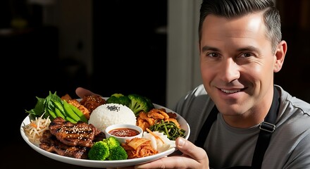 Culinary Feast: A delighted individual presents a bountiful platter brimming with a colorful medley of gastronomic delights, a true celebration of culinary artistry.