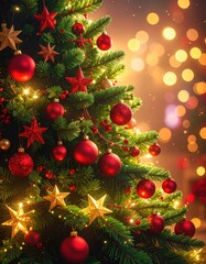 A close-up view of a richly decorated Christmas tree with red ornaments and gold stars against a bokeh background.