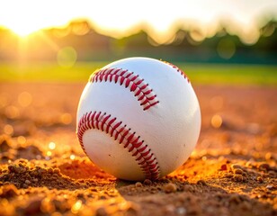 A white baseball with red stitching rests on dusty, sunlit infield dirt at sunset.