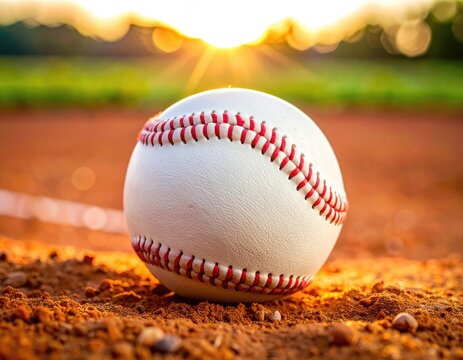 Close-up of a baseball resting on the infield dirt at sunset.