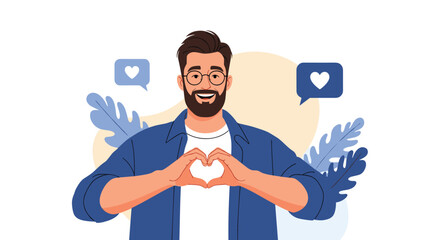 Happy young man with a beard and glasses showing a heart sign with his hands to express love care and positive emotions.
