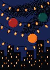 A festive night cityscape decorated with glowing Christmas lights, colorful ornaments for winter illustrations, greeting cards, posters, and seasonal designs.