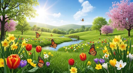 A vibrant spring landscape with blooming trees, a stream, and butterflies.