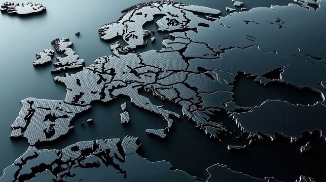Modern  representation of the European continent showcasing detailed geography and borders with a sleek dark aesthetic