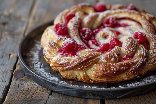 Freshly baked raspberry and cream cheese crown cake sprinkled with powdered sugar, sitting on a dark metallic plate and rustic wooden table