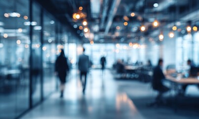 Abstract blurred interior modern office space with business people working banner background with copy space, Generative AI. High quality