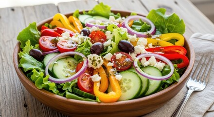 Greek salad with fresh vegetables, olives, and feta cheese in a wooden bowl on a wooden table.