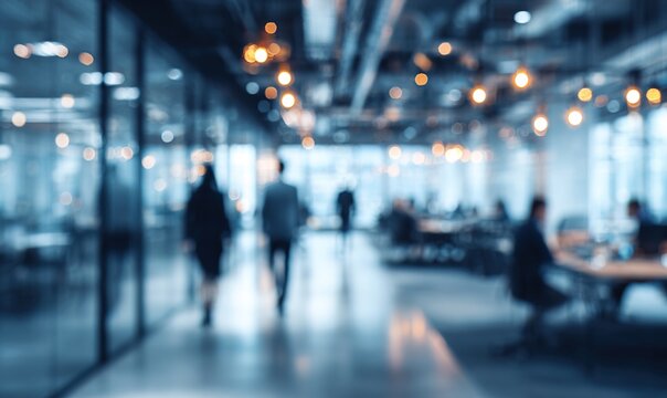 Abstract blurred interior modern office space with business people working banner background with copy space, Generative AI. High quality