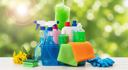 Various cleaning supplies and products for housework on a table with a natural green background.