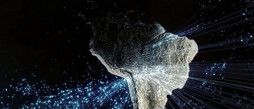 Digital hologram representation of the American continent with glowing connections highlighting its geography and technology