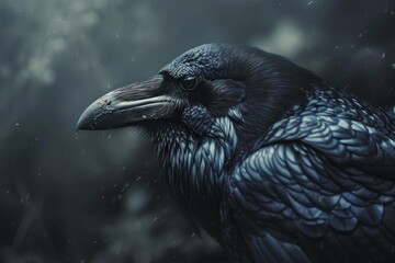 Obraz premium Close up of a raven with water droplets on its beak, perched against a blurred natural background during rainfall