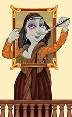 Vampire Mona Lisa paints her face. Vector cartoon horror illustration.
