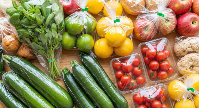 An assortment of fresh fruits and vegetables, such as zucchini, tomatoes, and lemons, in plastic packaging on a wooden surface. - Powered by Adobe