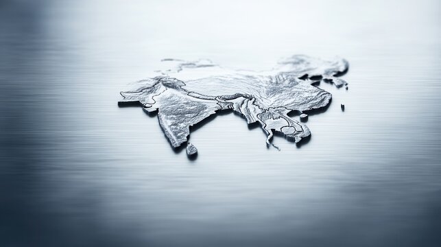 Embossed metallic map of Asia highlighting geographical features and countries in a sleek design - Powered by Adobe