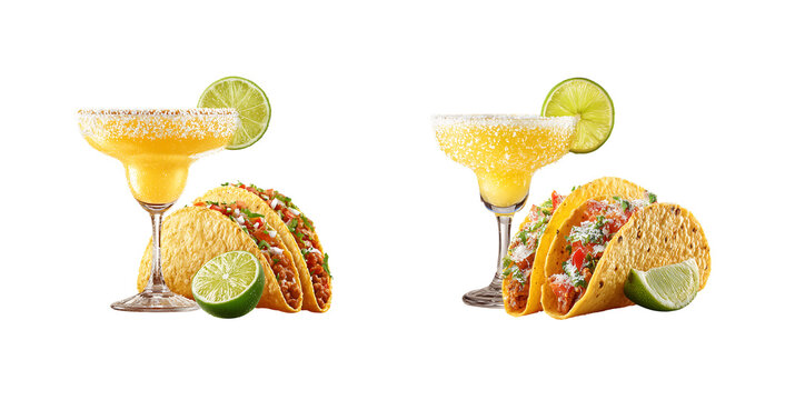 Classic Margarita Cocktail with Salt Rim and Crispy Mexican Tacos on Transparent Background