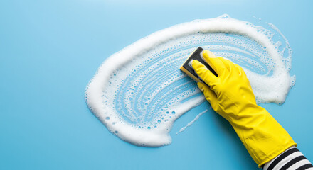 Hand in a yellow glove cleaning a blue surface with a sponge and soapy foam.