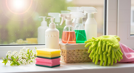 A collection of household cleaning supplies, including spray bottles and sponges, arranged on a sunny windowsill.