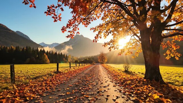 Autumn landscape with tree and road bathed in warm sunlight