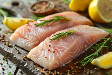 Raw salmon fillets seasoned with rosemary, peppercorns and lemon slices, ready to be cooked