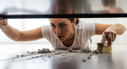 A woman lying on the floor sweeping a pile of dust and dirt from under furniture with a small brush.