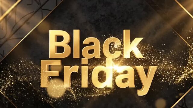 Golden Black Friday sale announcement with sparkling particles and dynamic light effects on a patterned background for holiday shopping promotions