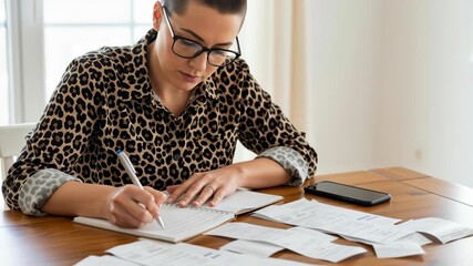 Woman reviewing finance report analysis tax budget financial accounting business corporate investment economy strategy writing receipts notebook with pen smartphone table glasses leopard print shirt - Powered by Adobe