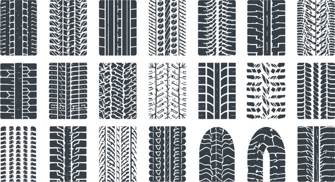 A collection of various tire tread patterns in black and white, showcasing diverse designs for vehicle traction and road grip.
