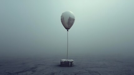 A single worn balloon tethered to a stone in a foggy, desolate landscape, creating a surreal and emotional minimalist scene.