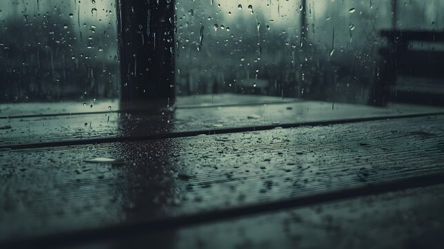 Close-up of raindrops on a window with a wet wooden surface below, creating a moody, cinematic atmosphere in soft natural light.