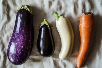 Variety of fresh vegetables on fabric background: eggplants and carrot display
