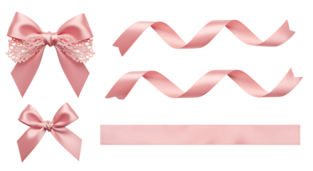 Delicate pink ribbons and bows collection with lace embellishments on transparent background.