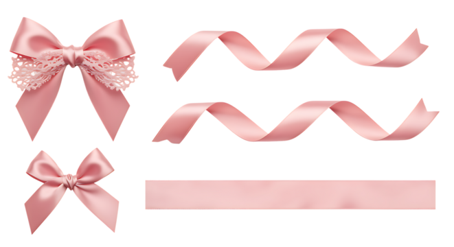 Delicate pink ribbons and bows collection with lace embellishments on transparent background.