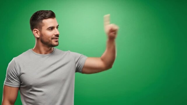 A man with dark hair and a beard wearing a grey t-shirt stands against a green background and points to the right with a slight smile