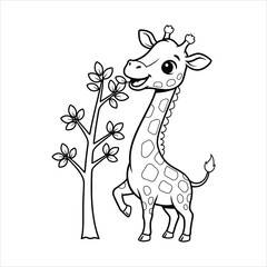 A Little giraffe nibbling leaves from a tree black line art, white background
