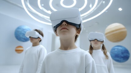 Children exploring virtual reality in a futuristic space-themed environment