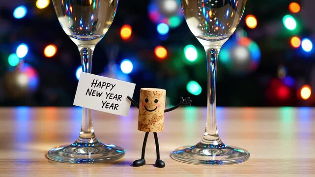 Happy stop motion character with wine glasses, cinematic still