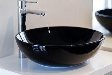 Vessel sink setup showcases modern style with polished chrome. Clean, luxury bathroom interior for staging. Highlight detail that makes room modern. Style is in detail.