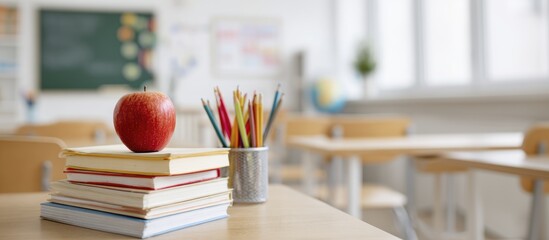 Classroom scene with apple on books and colorful pencils in a cozy learning environment