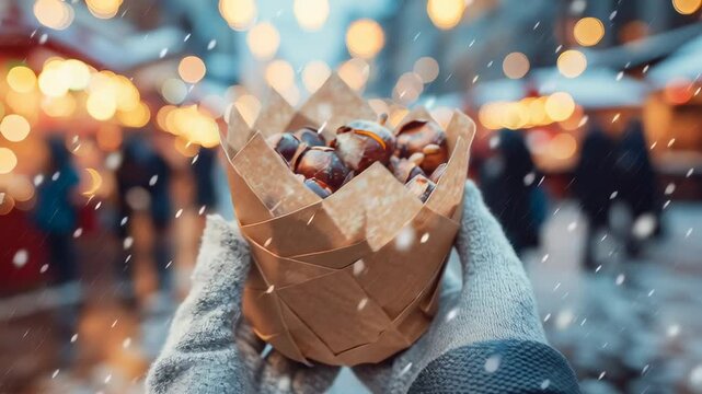 Warm paper cone filled with roasted chestnuts held at a snowy winter market, with festive lights glowing softly in the blurred background.