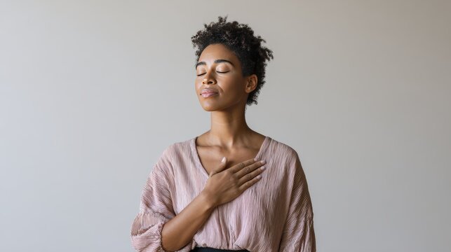 Calm woman practicing mindfulness with hand on chest in serene setting
