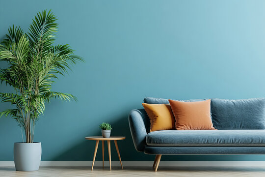 Home interior and couch combine to bring out modern atmosphere against the blue wall; plants enhance visual appeal for creative indoor design concept.
