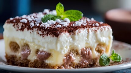 Tiramisu dessert with cocoa powder and fresh mint leaf