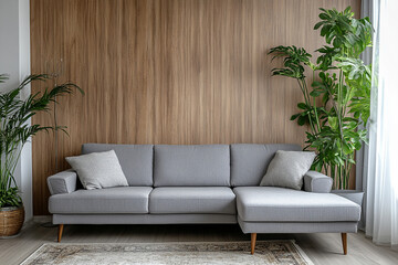 Elegant livingroom showcases grey sofa with pillows paired against authentic wooden wall, creating a tranquil home setting for relaxation and stylish living.