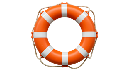 Realistic orange and white life preserver ring with rope detailing on transparent background.