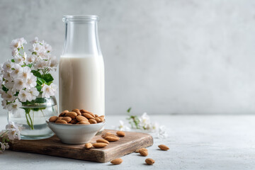 Creamy almond milk and healthy nuts for a vibrant lifestyle, presented with delicate white flowers for a fresh, wholesome feeling and modern wellness appeal