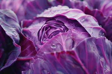 Close up of purple cabbage with water droplets, highlighting vibrant color and texture