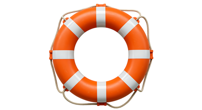 Realistic orange and white life preserver ring with rope detailing on transparent background.