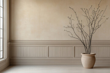 Clean space design emphasizes calm and open light from empty apartment where neutral colors offer simple decor, minimalist view by vase and wooden framed window
