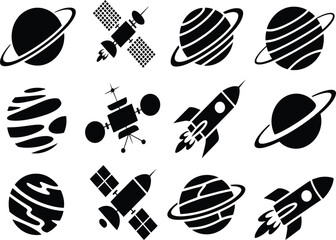Space icons set with planets, satellites, and rockets
