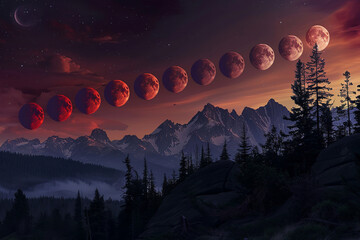 Lunar eclipse night presents transition the world is known space features mountain night sky sky moon lunar events, such as the blood moon. Highlights astrology scene.